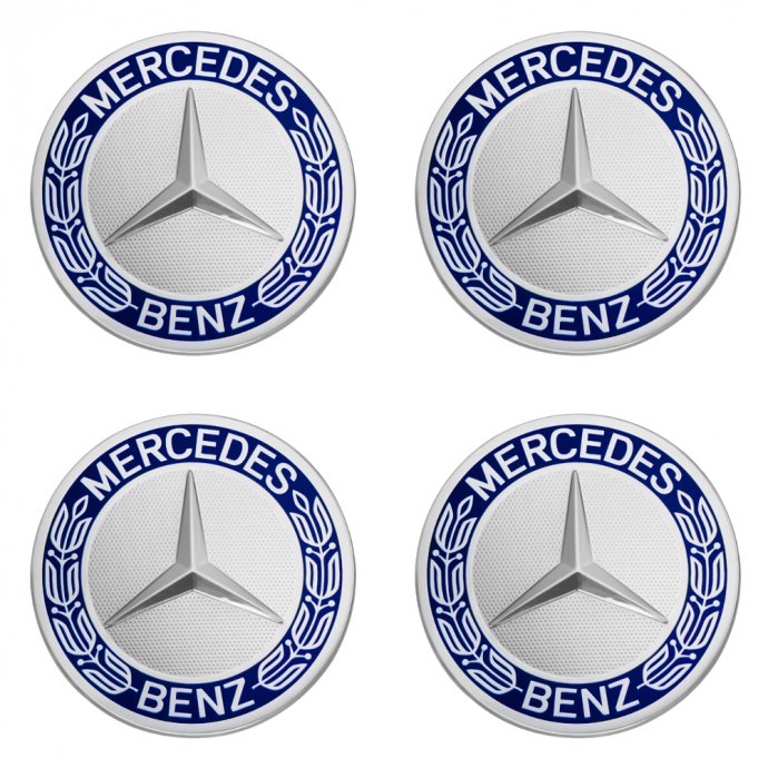 Mercedes-Benz Radnabenabdeckungen-Set, Stern mit Lorbeerkranz blau klassisches Design 